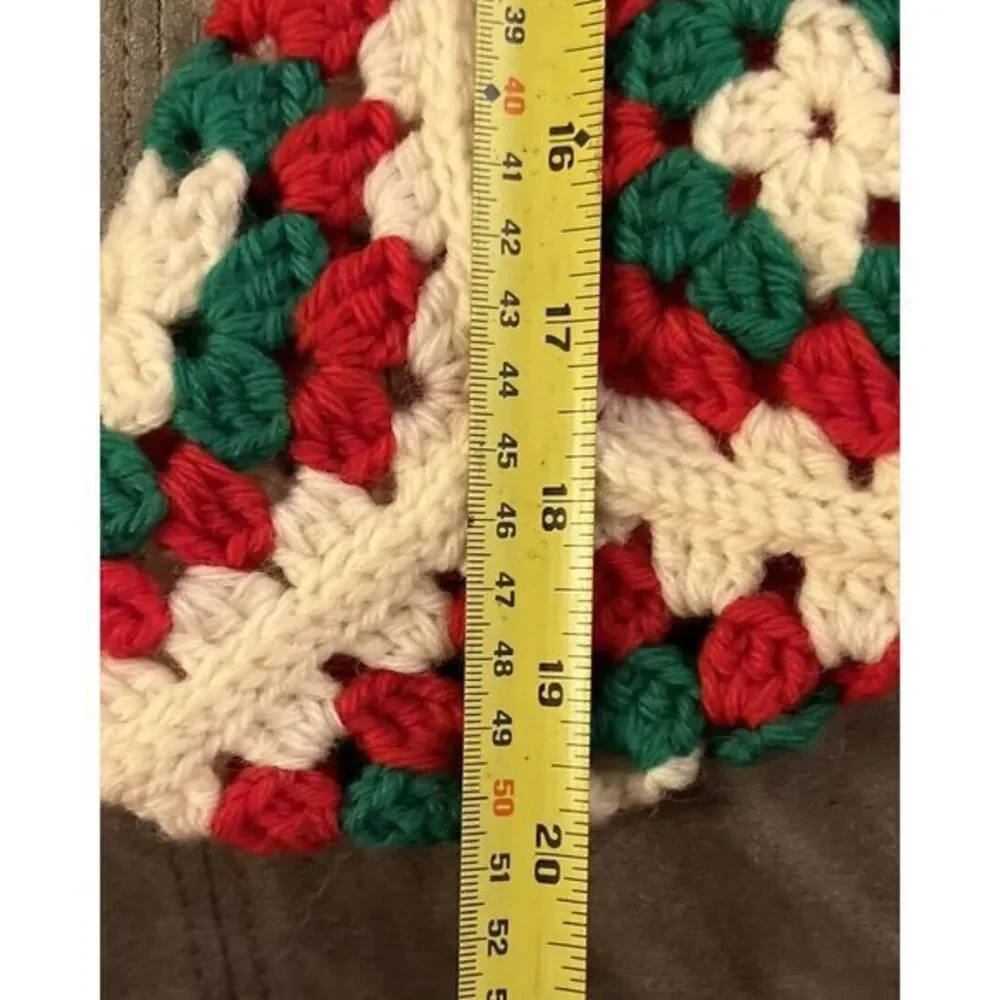 Vintage Handmade Christmas‎ Stocking Granny Square Crochet White Green Red 20x8